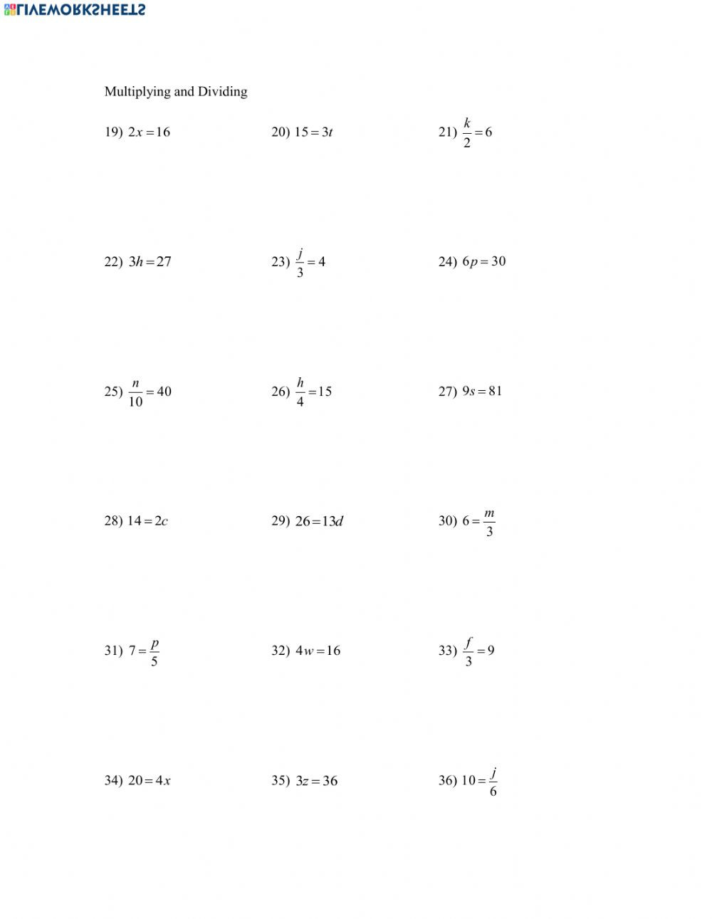 2 Step Equations Worksheet Mulitpying and Dividing One Step Equations Interactive