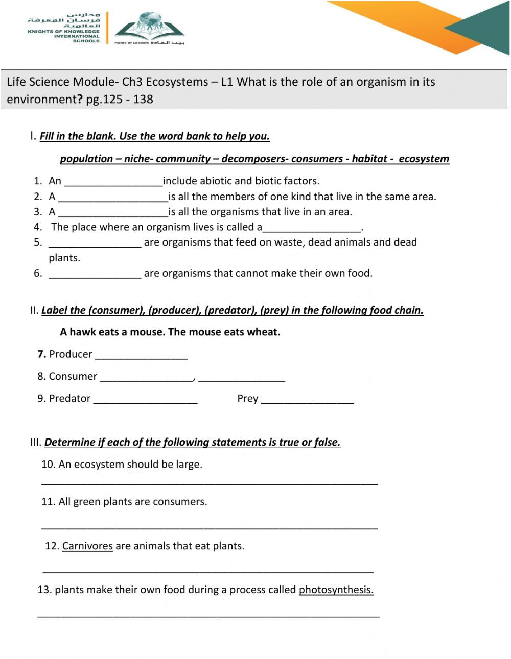 Abiotic and Biotic Factors Worksheet Ch3 L1 What S the Role Of An organism In Its Ecosystem