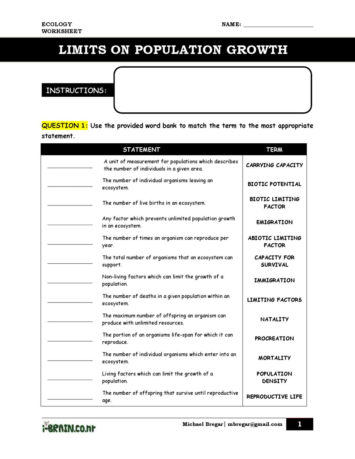 Abiotic and Biotic Factors Worksheet Workhseet Limits On Population Growth by Michael Bregar