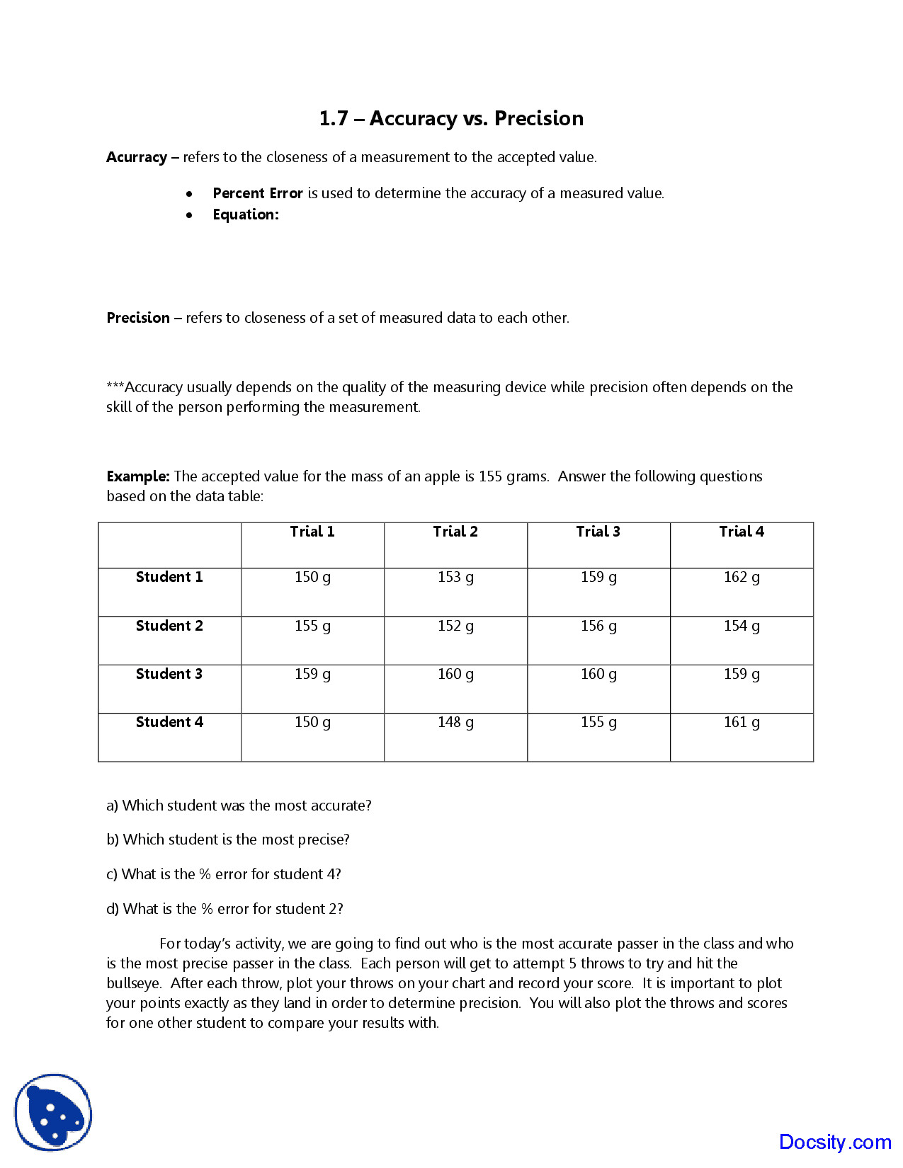 Accuracy Vs Precision Worksheet Accuracy Vs Precision Worksheet Answers