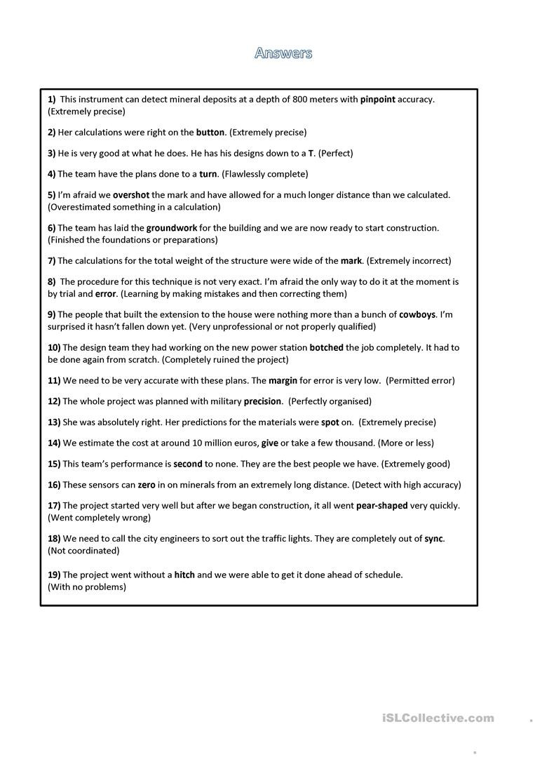 Accuracy Vs Precision Worksheet Idioms About Accuracy and Precision English Esl Worksheets