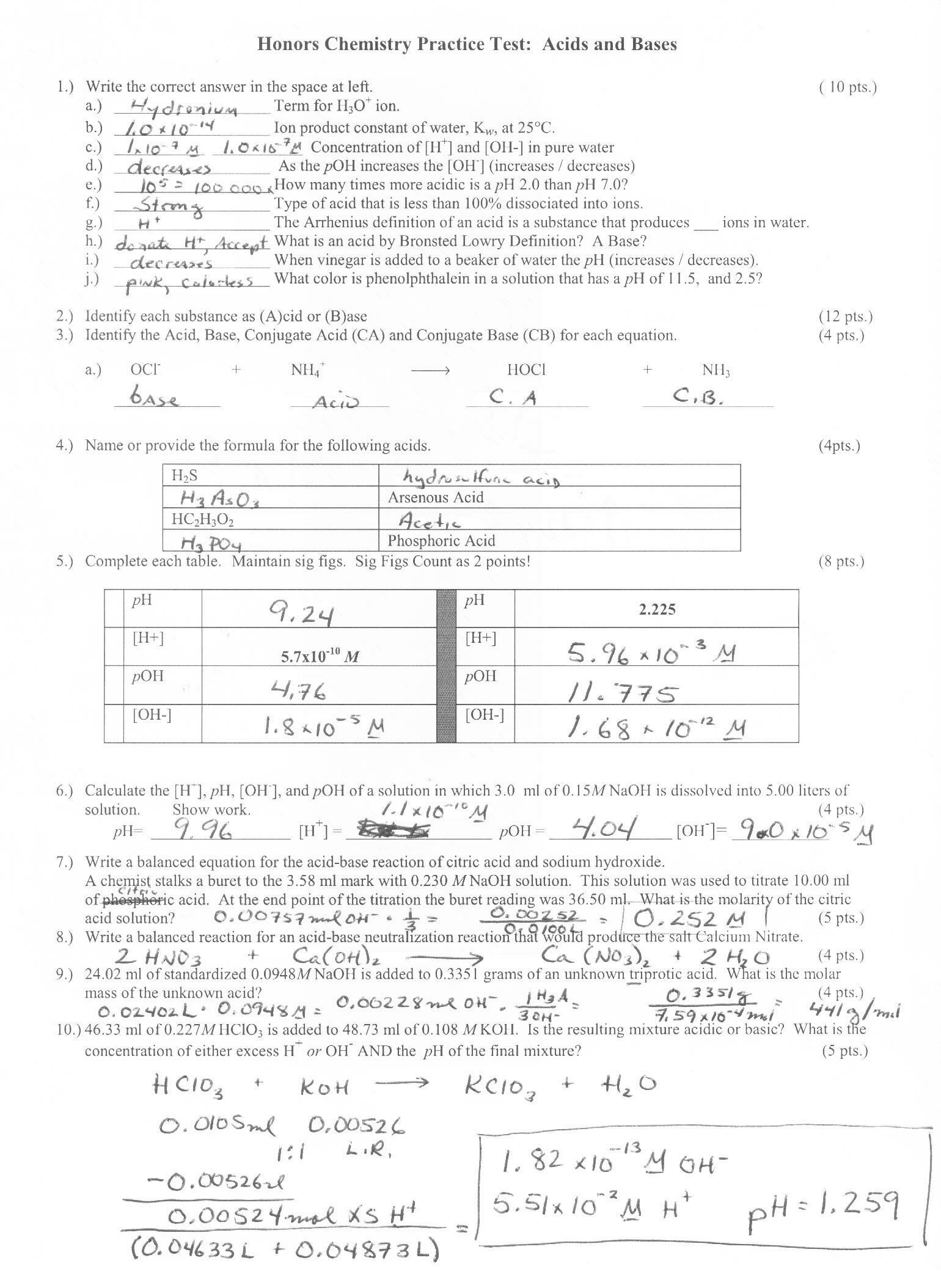 Acid and Base Worksheet 35 Acids and Bases In solution Worksheet Answers Worksheet