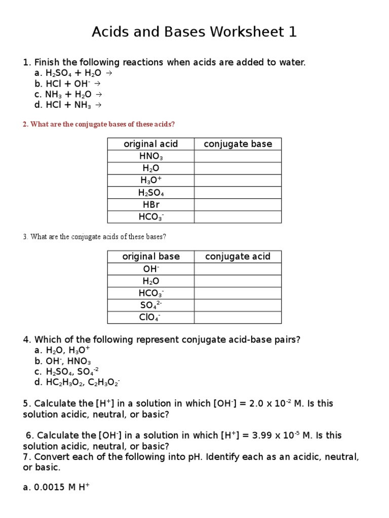 Acid and Base Worksheet Acids and Bases Worksheet 1c