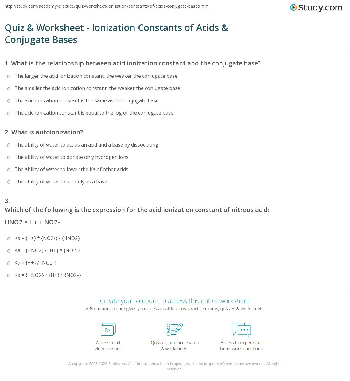 Acids and Bases Worksheet Quiz &amp; Worksheet Ionization Constants Of Acids &amp; Conjugate