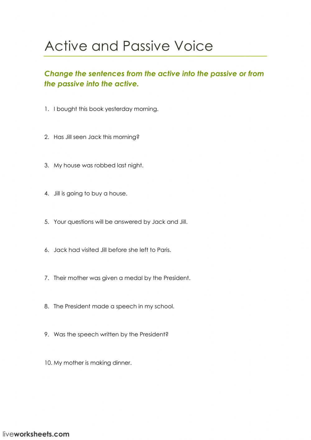 Active Passive Voice Worksheet Active and Passive Voice Interactive Worksheet