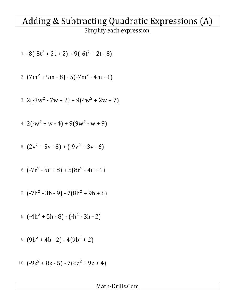 Adding and Subtracting Polynomials Worksheet Adding and Subtracting and Simplifying Quadratic Expressions