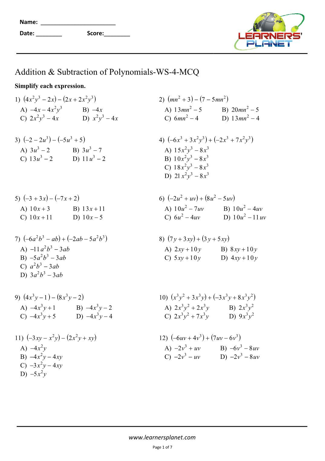 Adding and Subtracting Polynomials Worksheet Adding and Subtracting Polynomials Worksheets 8th Cbse
