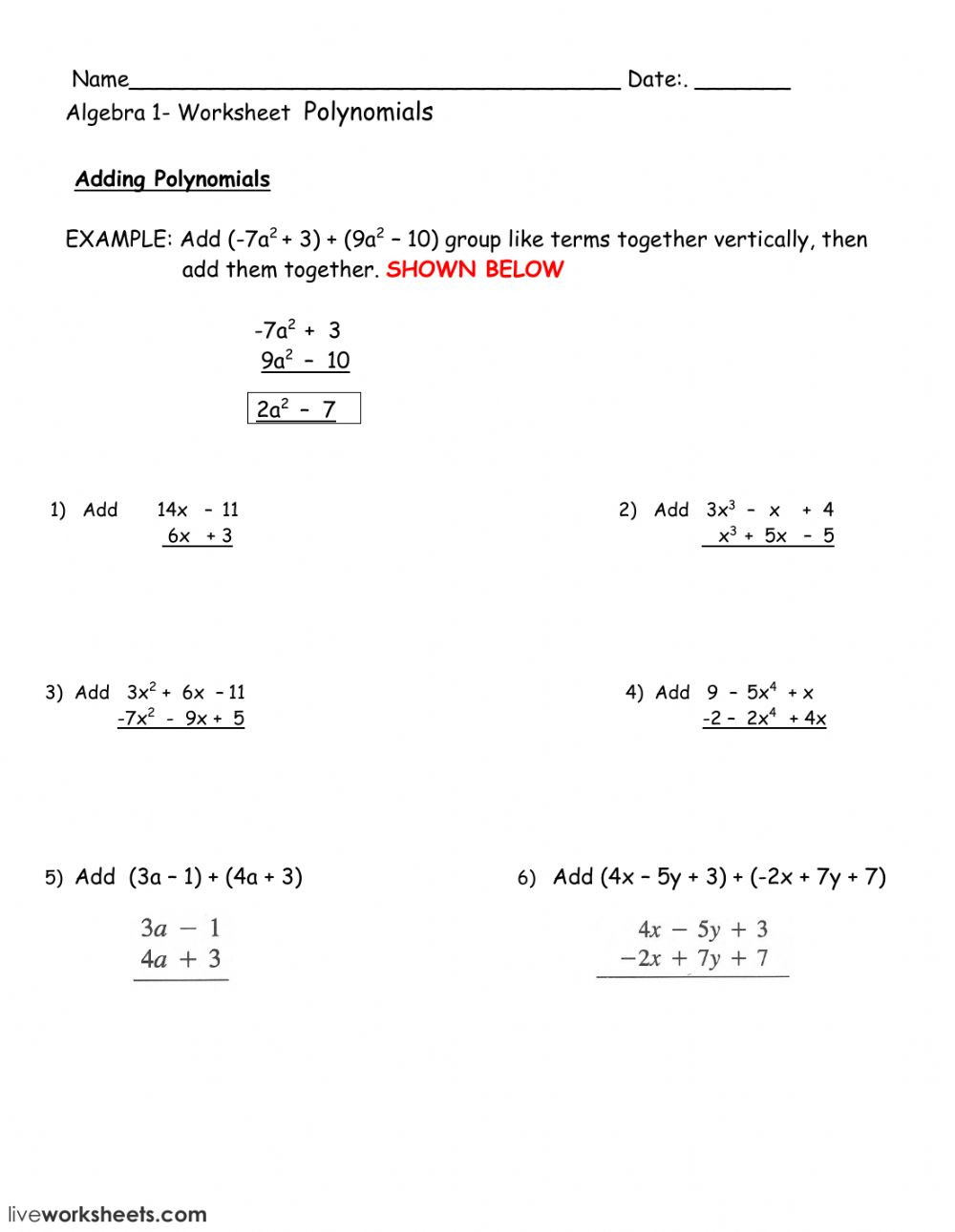 Adding and Subtracting Polynomials Worksheet Adding Polynomials Interactive Worksheet