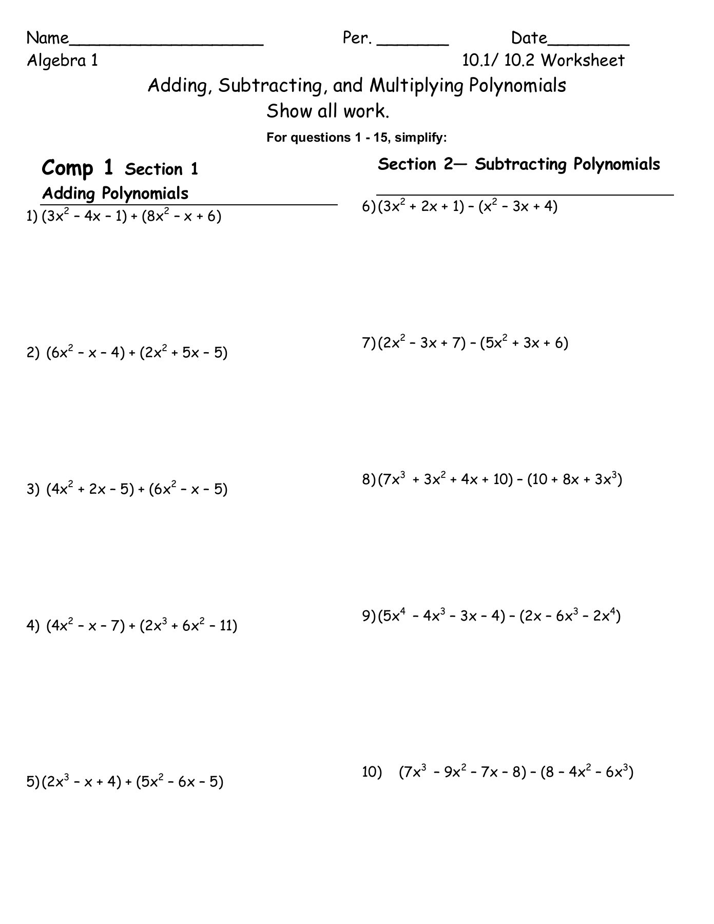 Adding and Subtracting Polynomials Worksheet Ss Pages 1 4 Text Version
