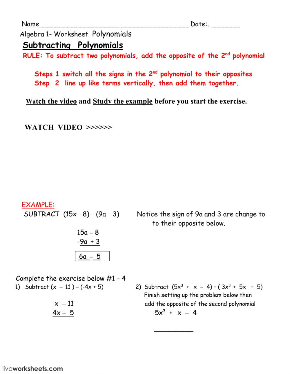 Adding and Subtracting Polynomials Worksheet Subtracting Polynomials Interactive Worksheet
