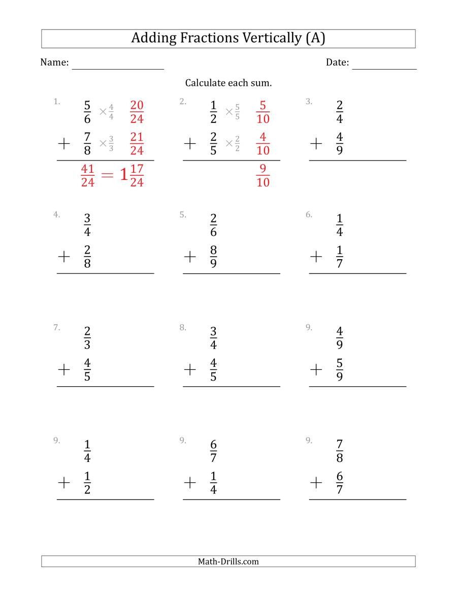 Adding Fractions Worksheet Pdf Adding Proper Fractions Vertically with Denominators From 2