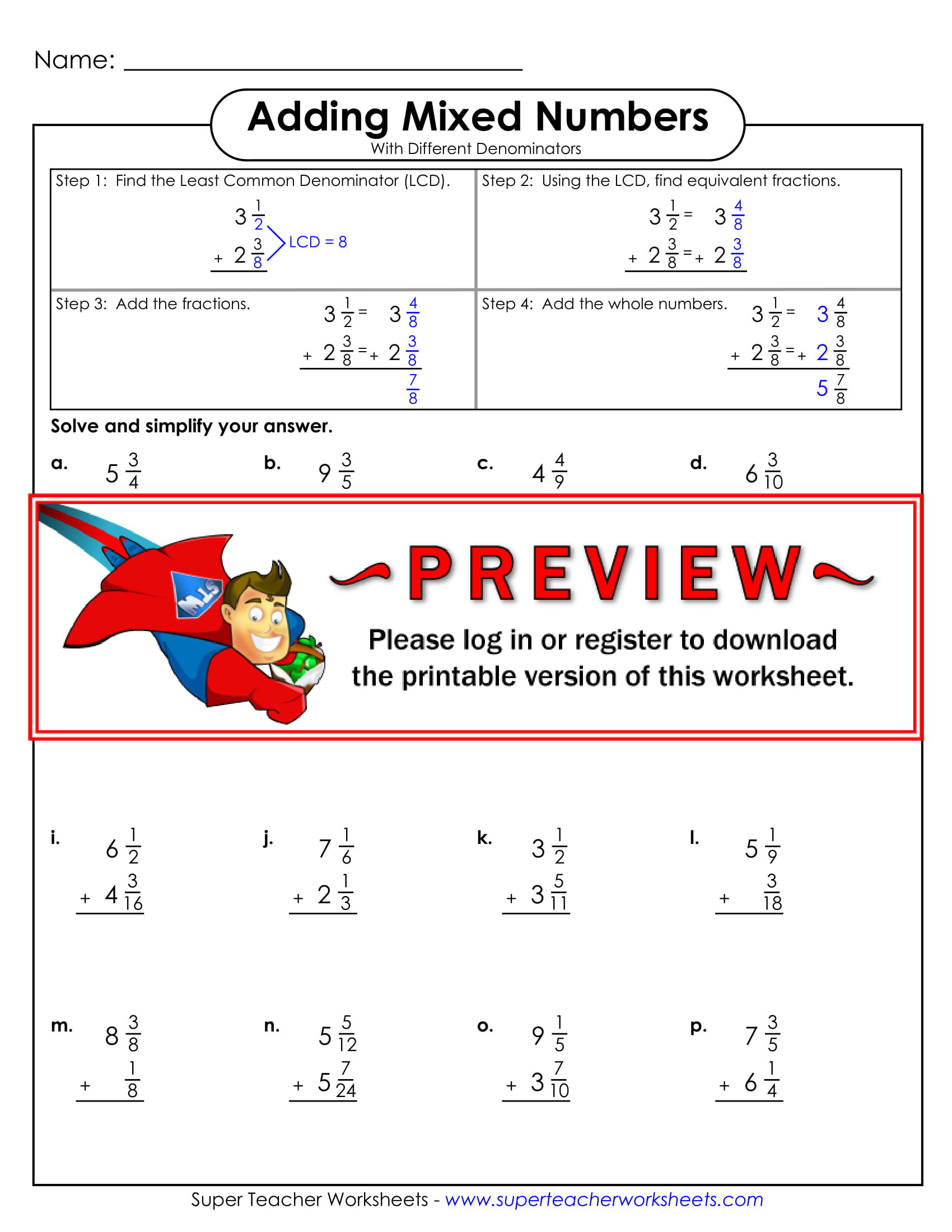 Adding Fractions Worksheet Pdf Fraction Worksheets Examples Pdf Mixed Numbers Super Teacher