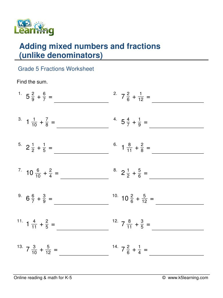 Adding Fractions Worksheet Pdf Grade 5 Fractions Worksheet Adding Mixed Numbers and