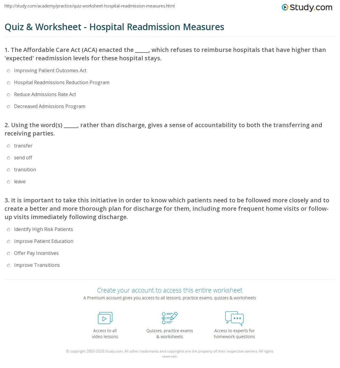 Affordable Care Act Worksheet Quiz &amp; Worksheet Hospital Readmission Measures
