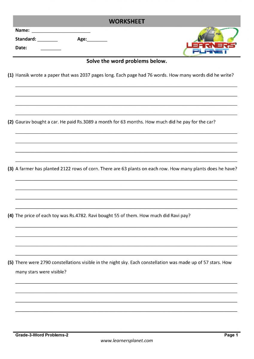 Age Word Problems Worksheet Math Worksheets with Word Problems for Grade 3 Students