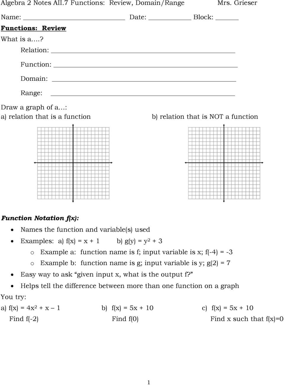 Algebra 1 Function Notation Worksheet Algebra 2 Notes Aii 7 Functions Review Domain Range