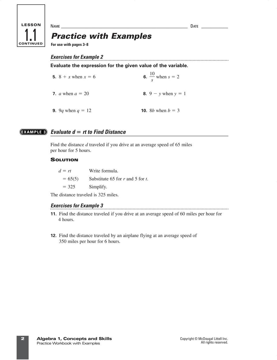 Algebra 1 Review Worksheet Algebra Practice Workbook with Examples Mcdougal Littell