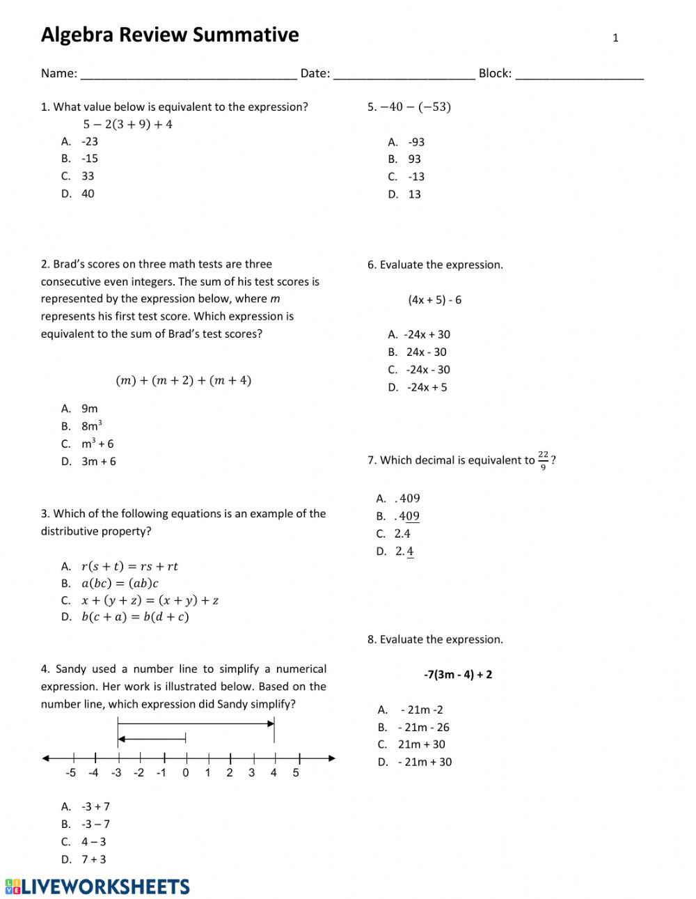 Algebra 1 Review Worksheet Algebra Review Interactive Worksheet