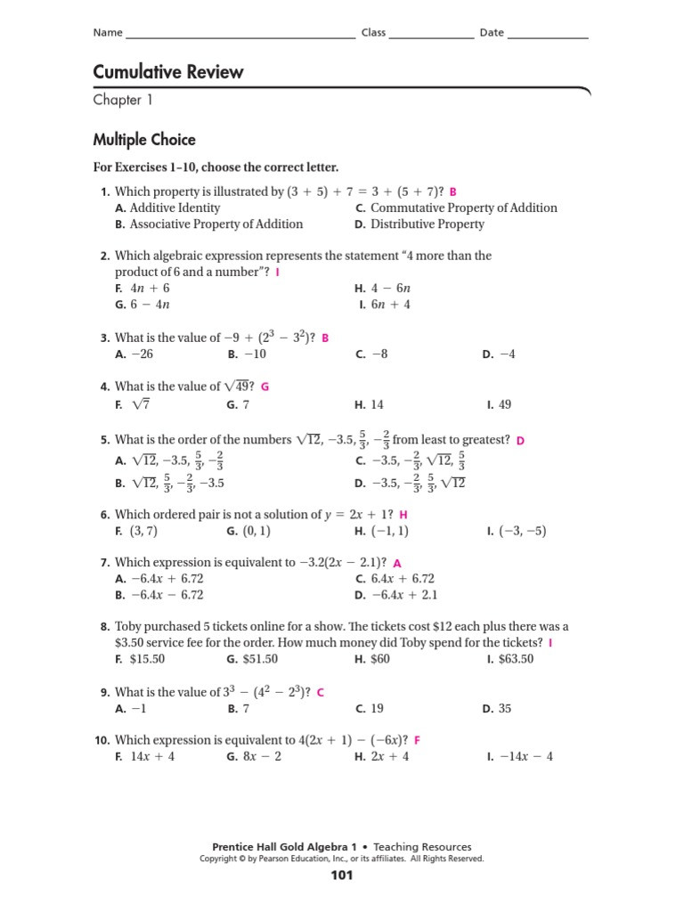 Algebra 1 Review Worksheet Prentice Hall Algebra 1 Cumulative Review Chapters 1 8