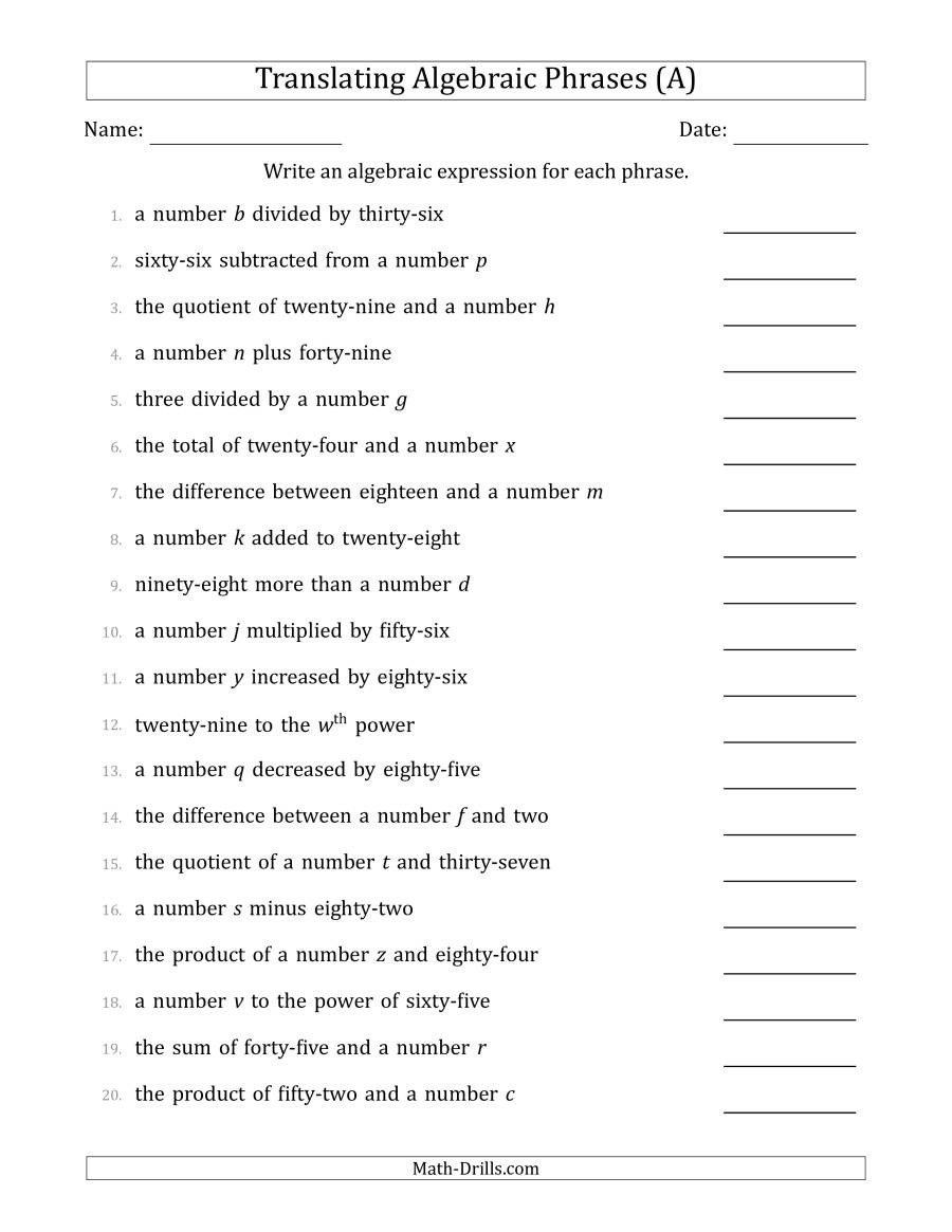 Algebra Word Problems Worksheet Pdf Translating Algebraic Phrases Simple Version A