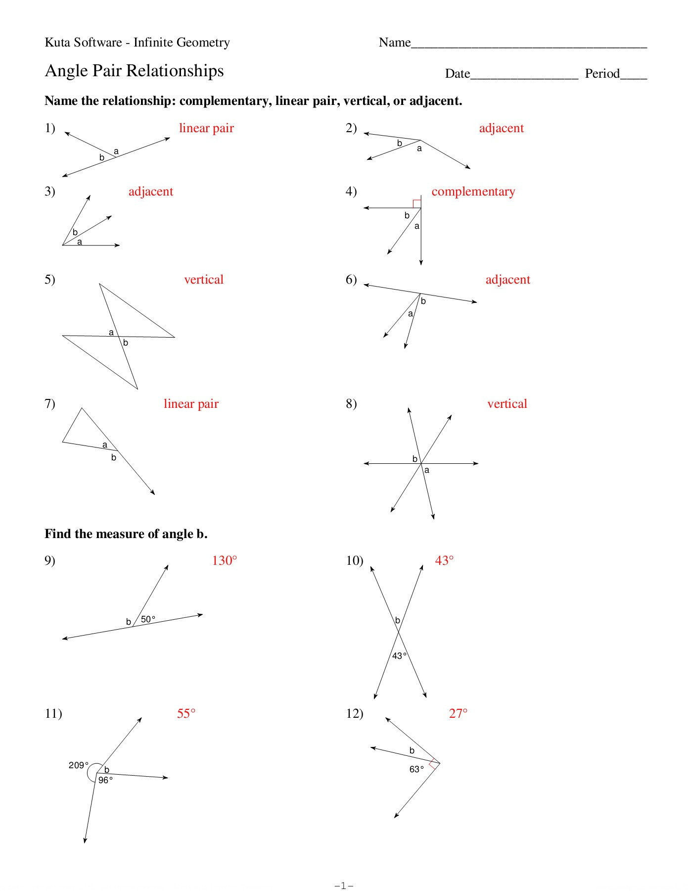 Angle Pair Relationships Worksheet Angle Relationships Kuta software Llc Pages 1 4 Text