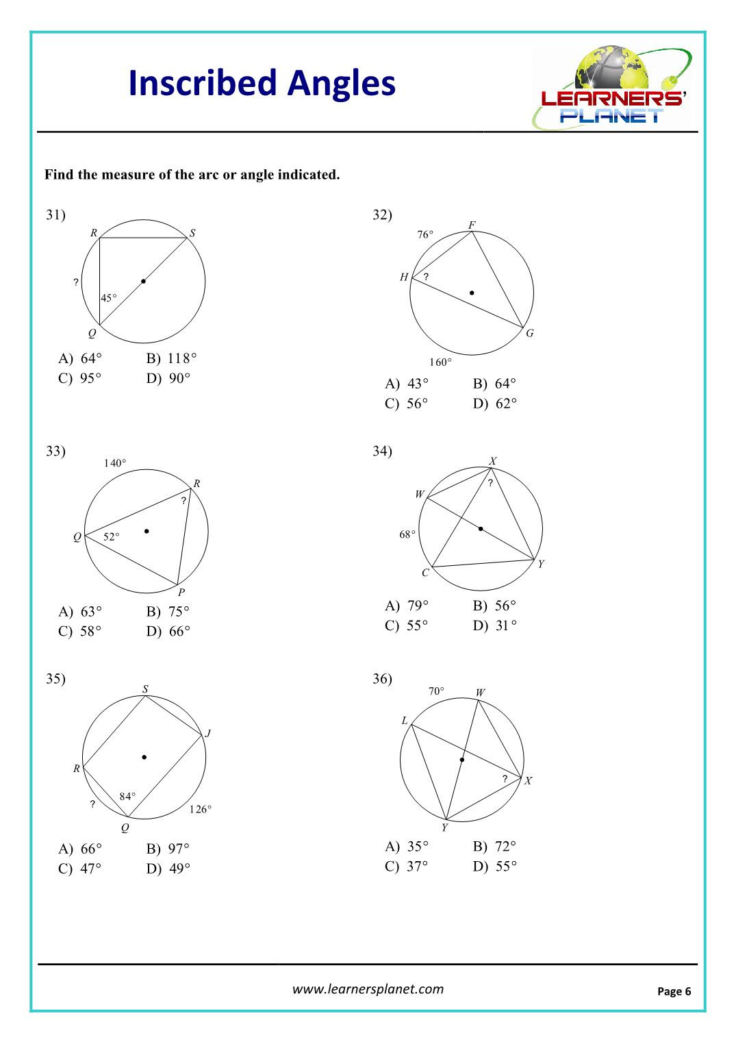 circles inscribed angles math class 10 worksheet
