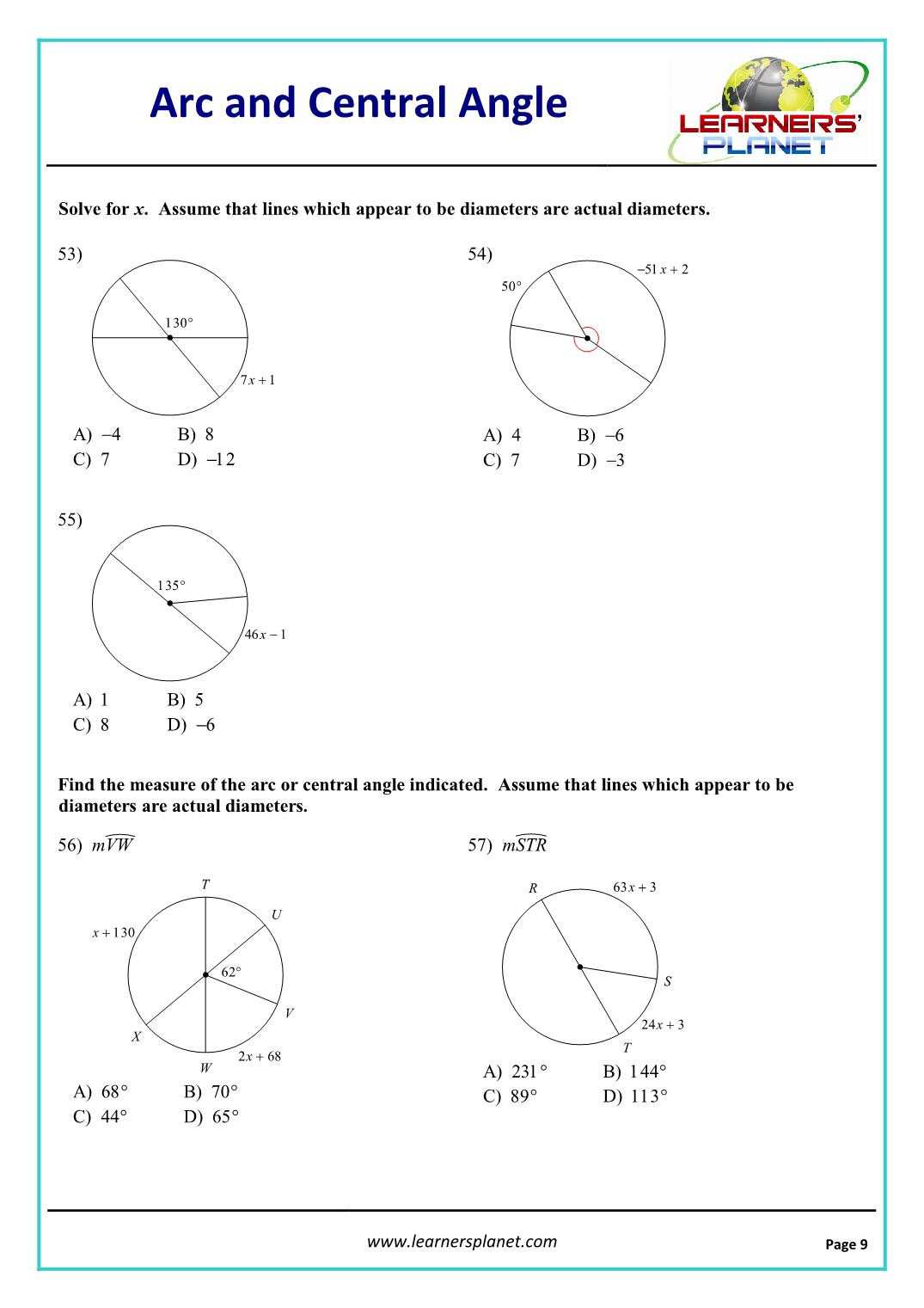 Angles In A Circle Worksheet Geometry Arcs and Central Angles Worksheet for Grade 10