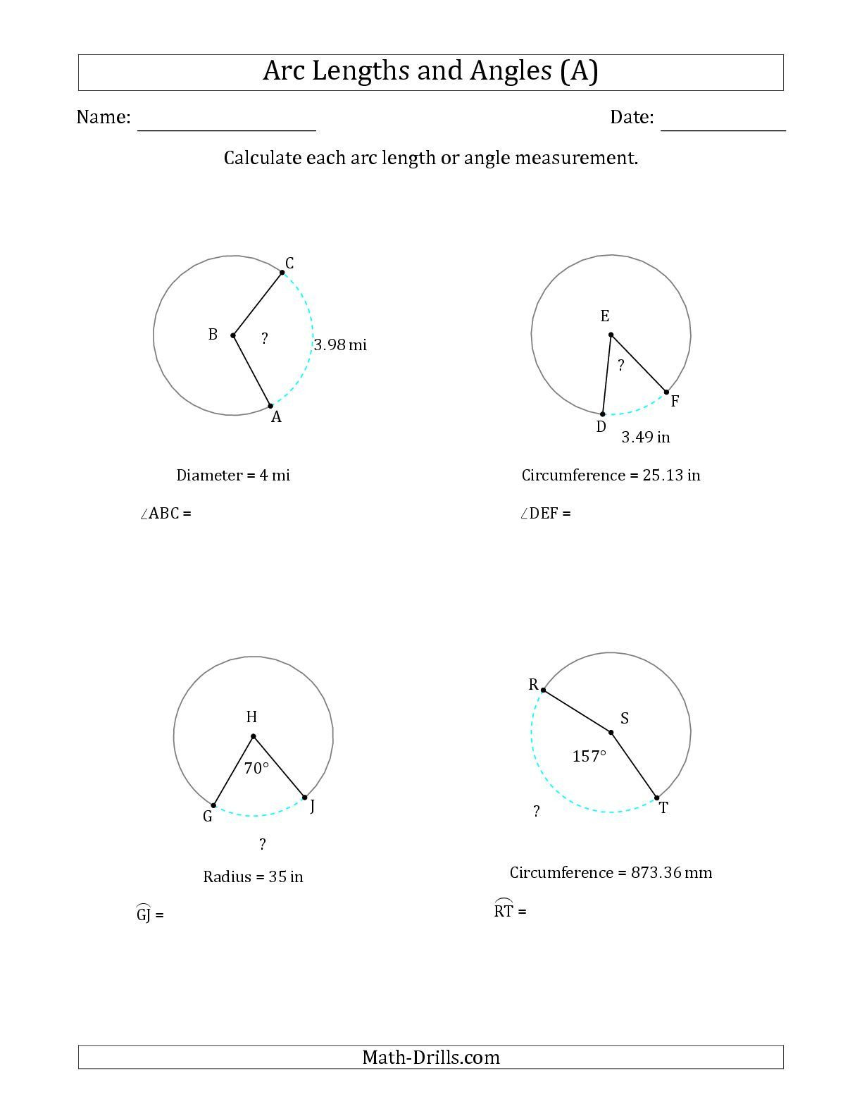 Angles In A Circle Worksheet the Calculating Arc Length or Angle From Circumference