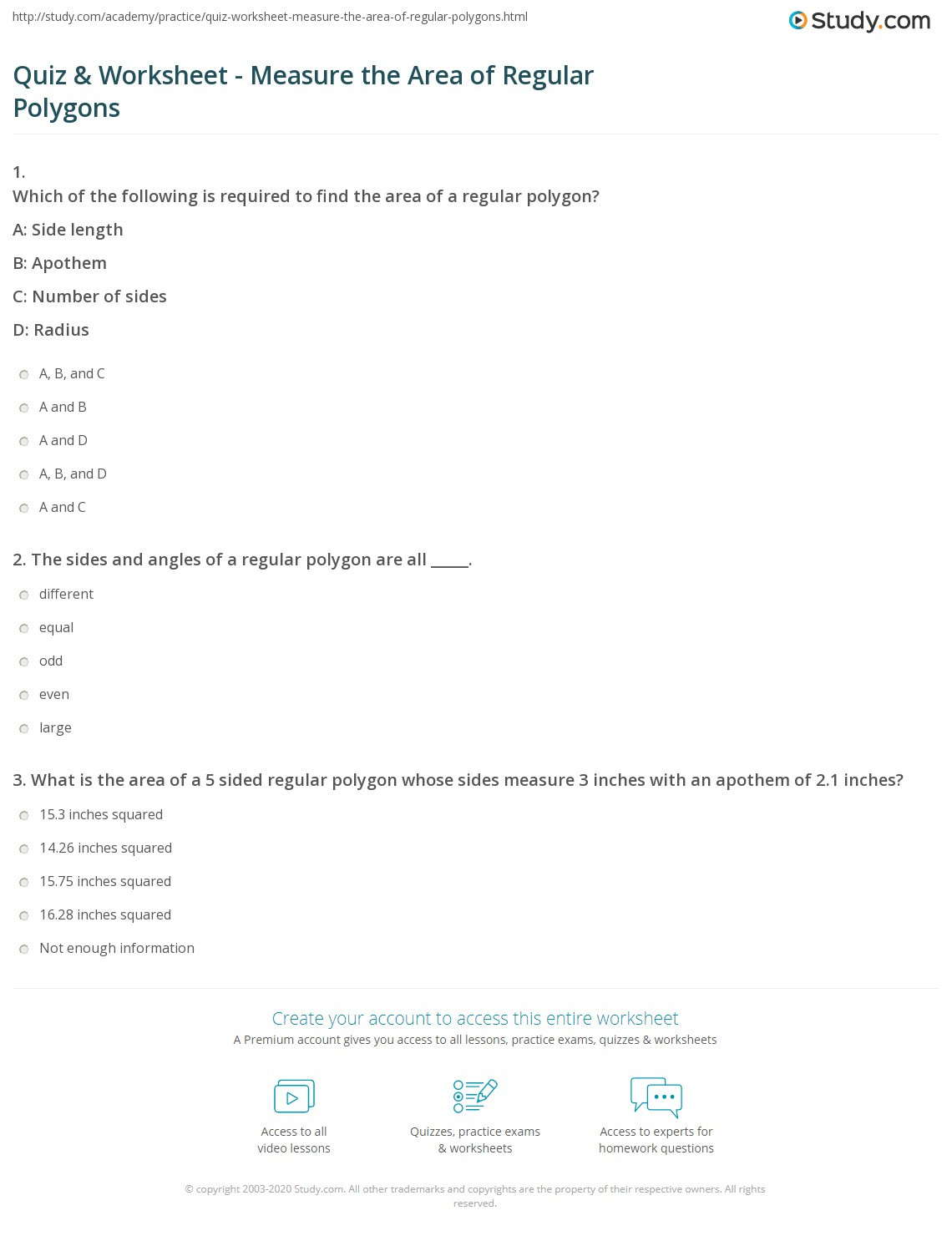 Area Of Regular Polygons Worksheet Quiz &amp; Worksheet Measure the area Of Regular Polygons