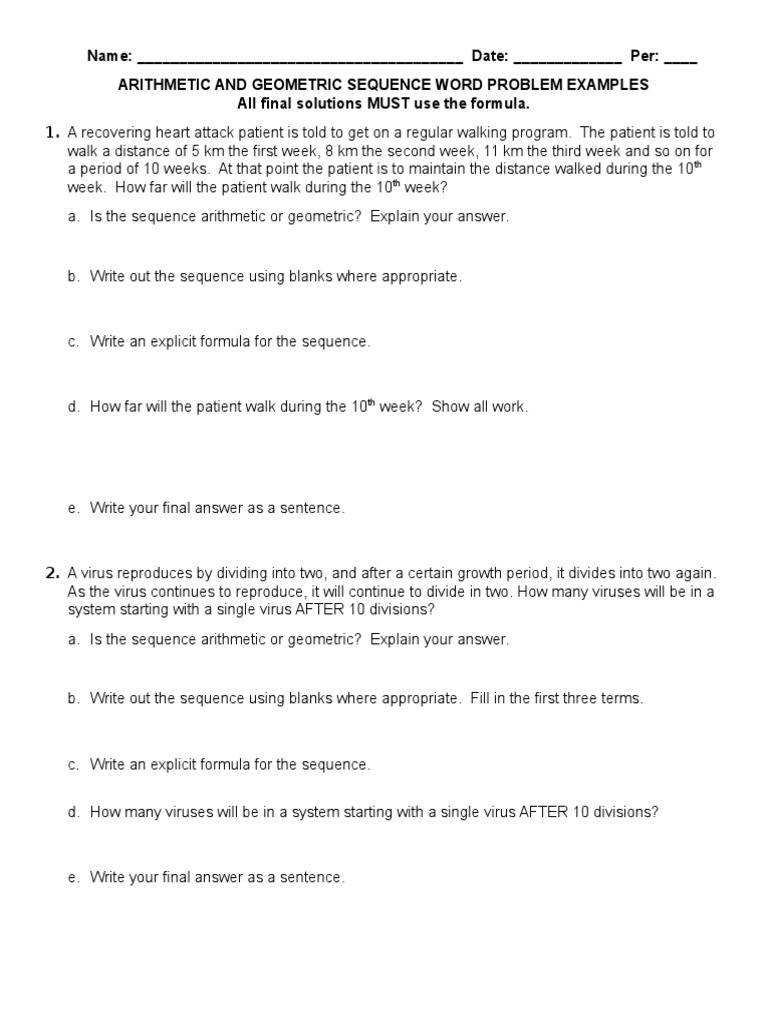 Arithmetic and Geometric Sequences Worksheet Arithmetic &amp; Geometric Sequence Word Problems 4qc