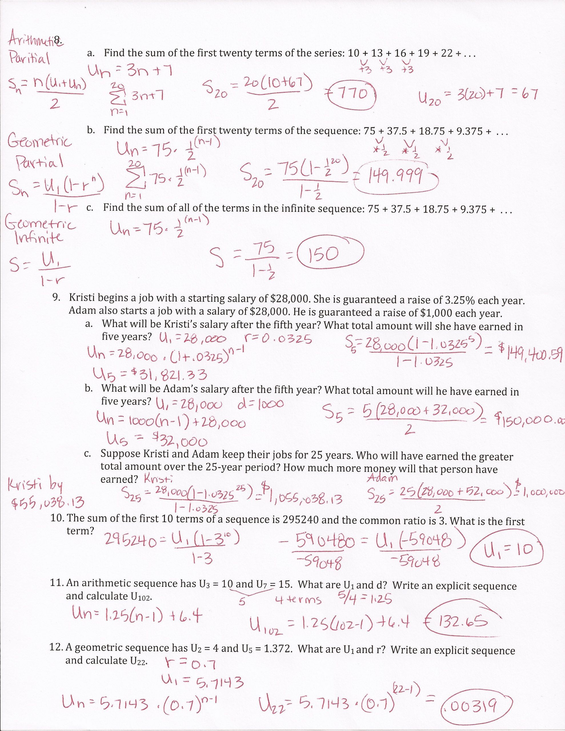 Arithmetic and Geometric Sequences Worksheet Arithmetic Series Worksheet with Answers Pdf