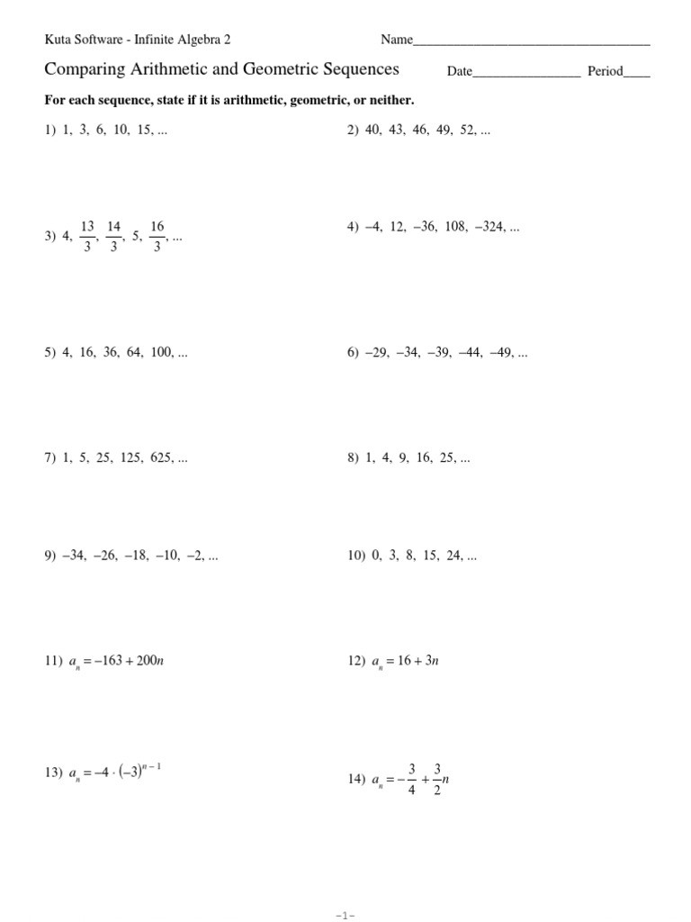 Arithmetic and Geometric Sequences Worksheet Paring Arithmetic and Geometric Sequences