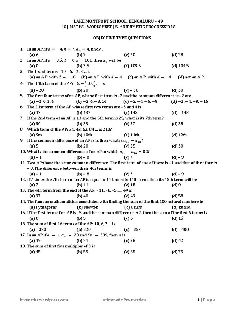 Arithmetic Sequence Worksheet Answers 10 Math Worksheet Ch 5 Arithmetic Progressionscx