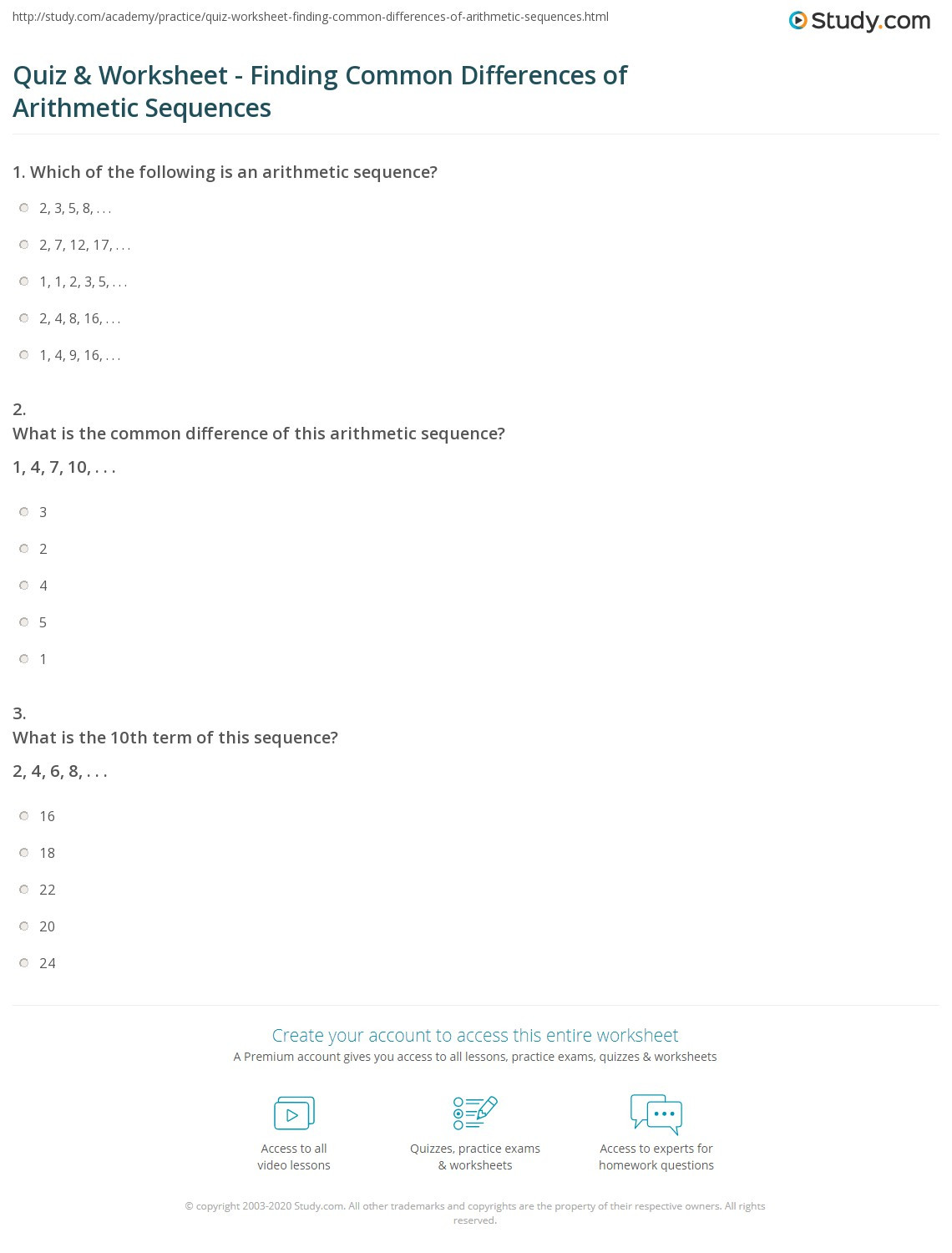 Arithmetic Sequence Worksheet Answers Quiz &amp; Worksheet Finding Mon Differences Of Arithmetic