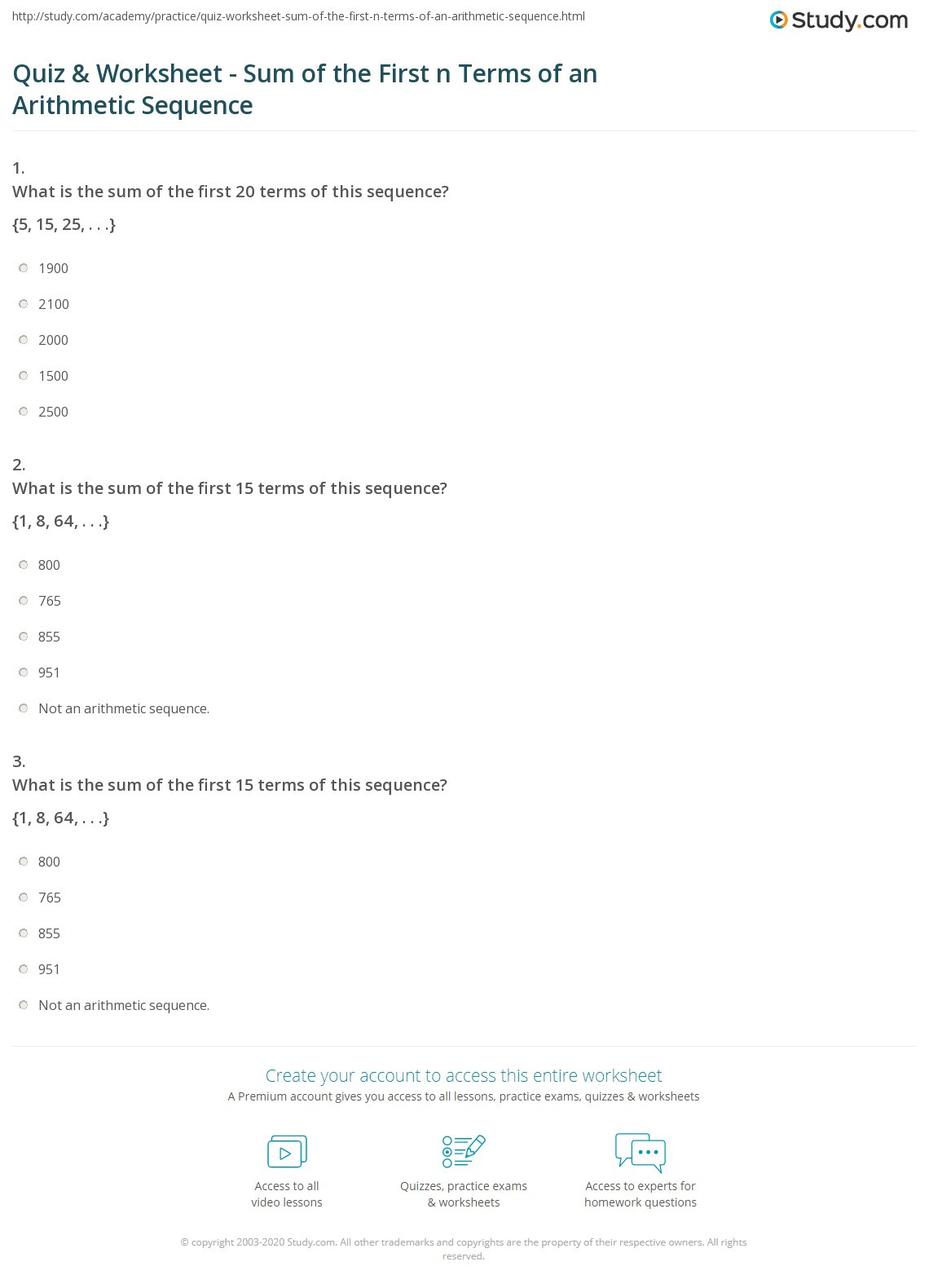 Arithmetic Sequence Worksheet Answers Quiz &amp; Worksheet Sum Of the First N Terms Of An Arithmetic