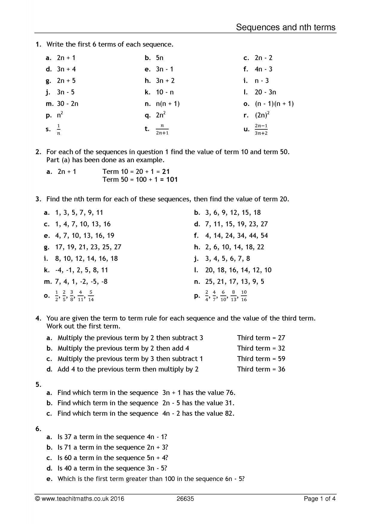 Arithmetic Sequence Worksheet Answers Sequences and Nth Terms Worksheet [pdf] Teachit Maths