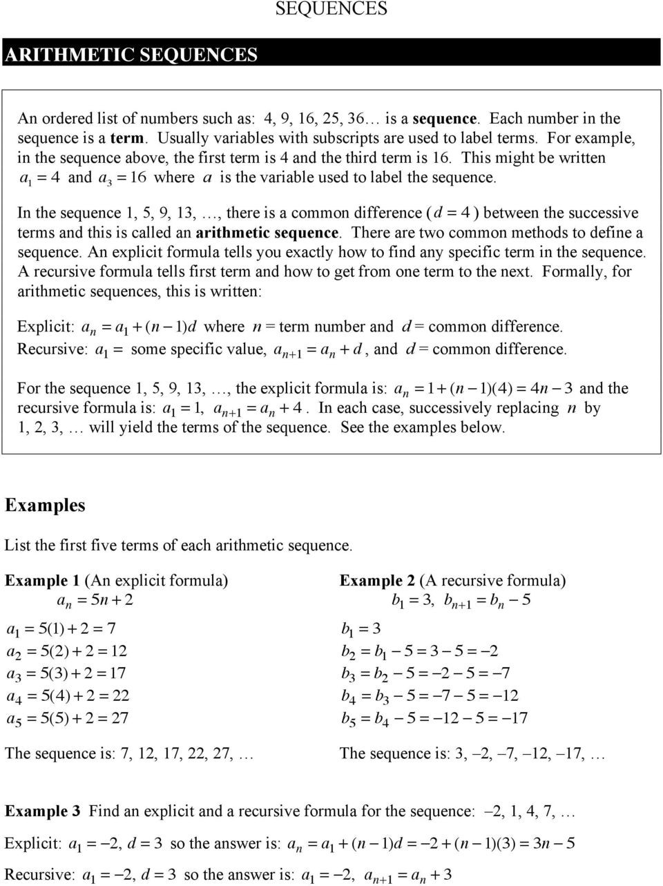 Arithmetic Sequence Worksheet Answers Sequences Arithmetic Sequences Examples Pdf Free Download