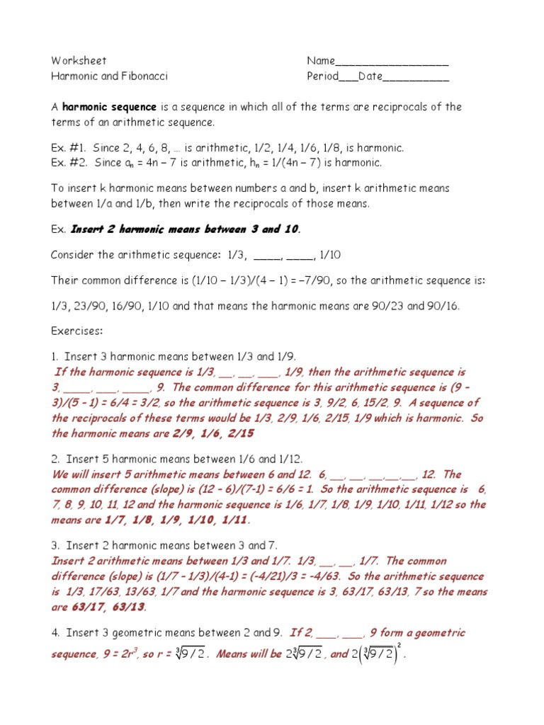 Arithmetic Sequence Worksheet with Answers Harmonic Sequences Answers Pdf