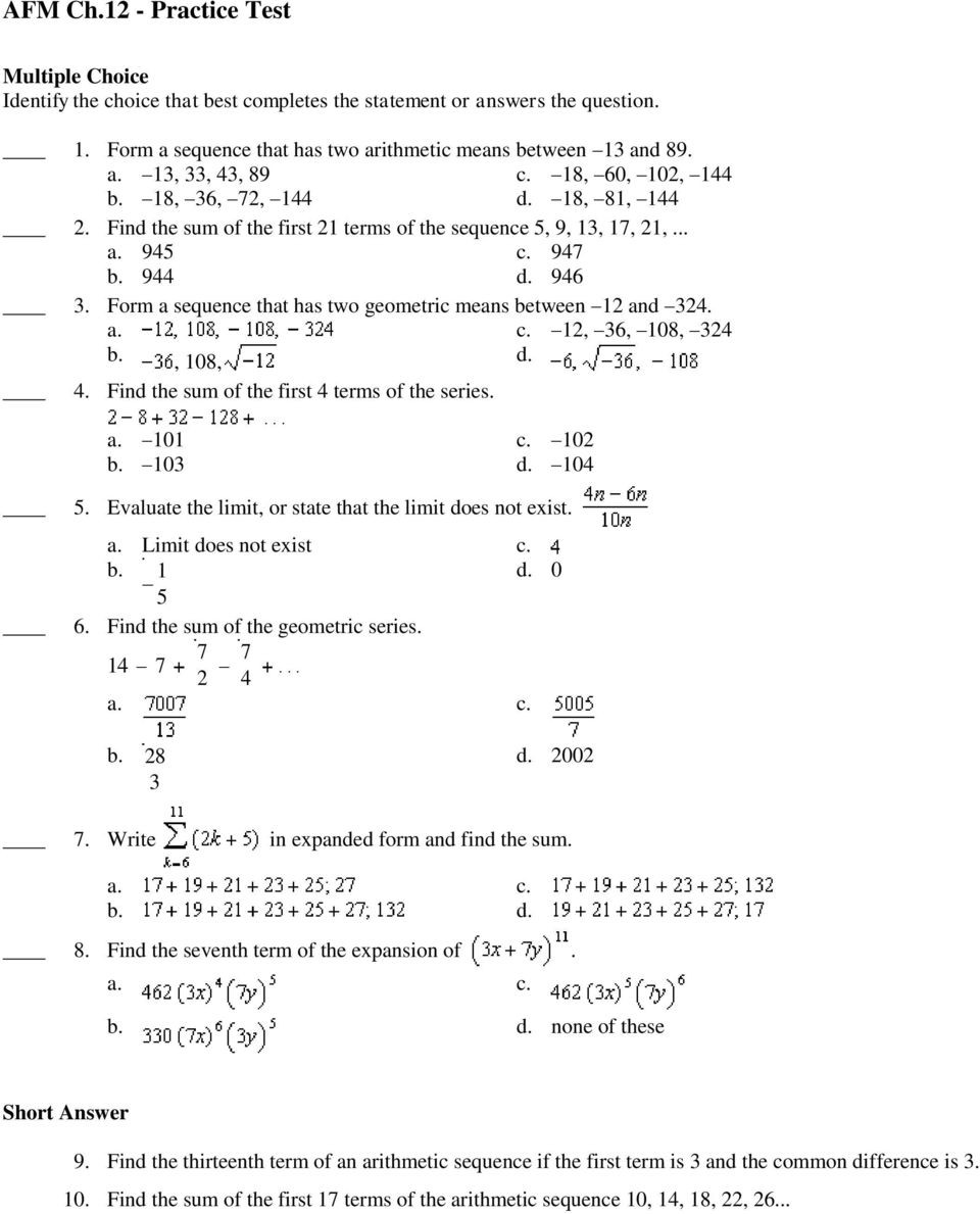 Arithmetic Sequences and Series Worksheet Afm Ch 12 Practice Test Pdf Free Download
