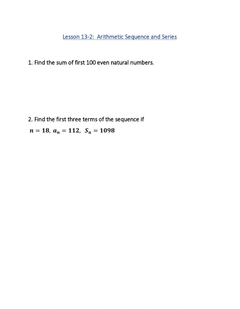 Arithmetic Sequences and Series Worksheet Arithmetic Series Interactive Worksheet