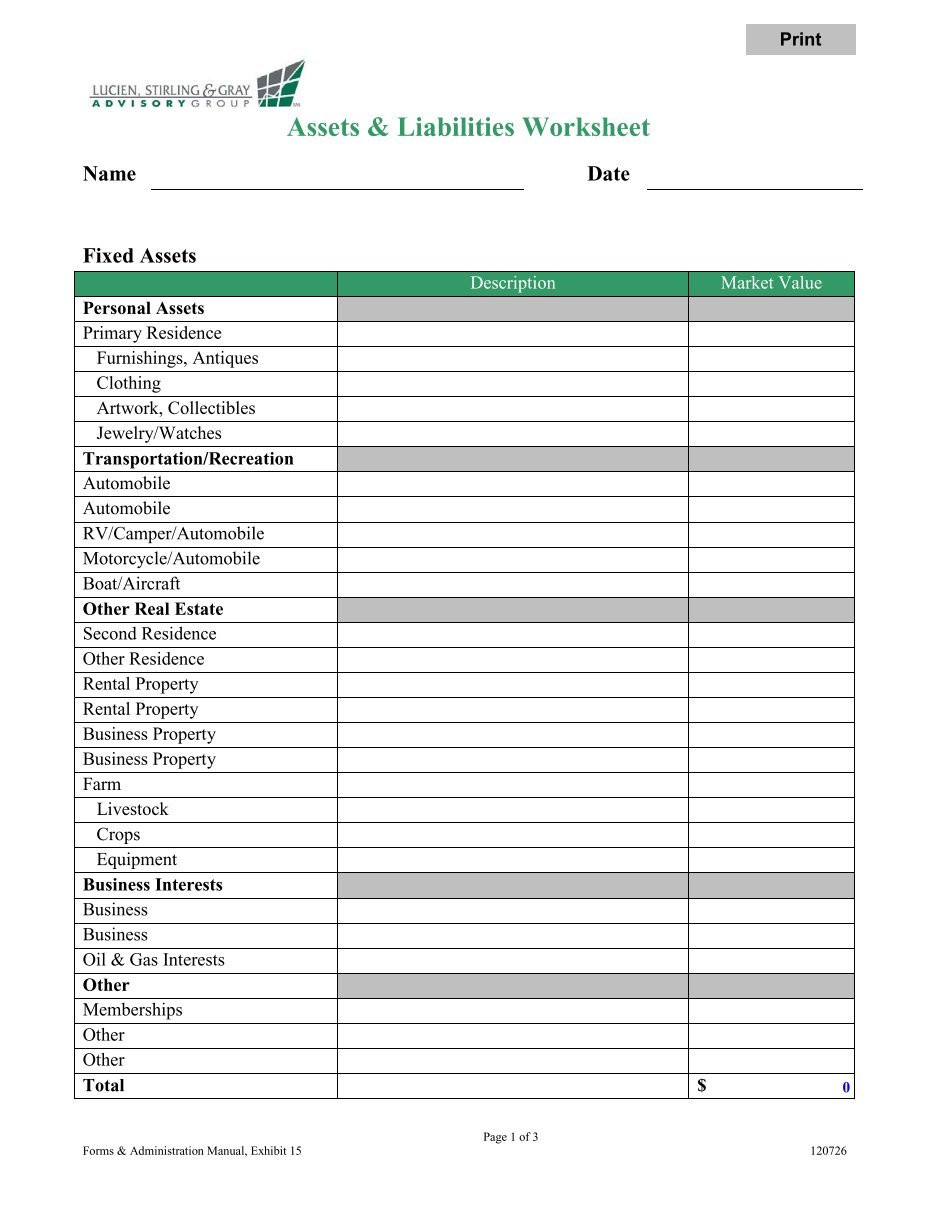 Assets and Liabilities Worksheet 5 Free Magazines From Lsggroup