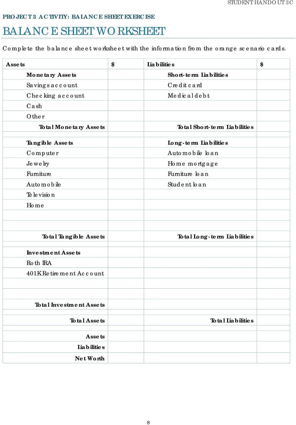 Assets and Liabilities Worksheet A Financial Statement Captures A Person S Overall Wealth at