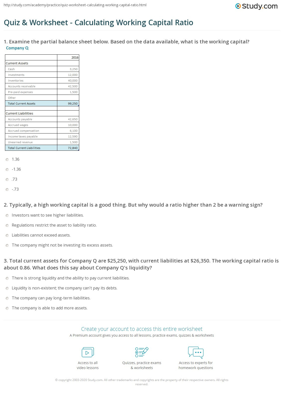 Assets and Liabilities Worksheet Quiz &amp; Worksheet Calculating Working Capital Ratio