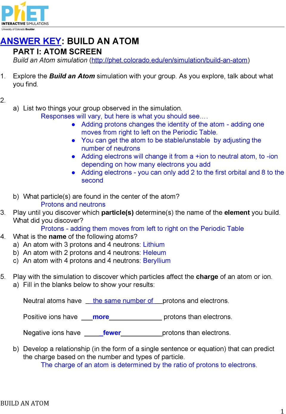 Atoms and isotopes Worksheet Answers Answer Key Build An atom Part I atom Screen Build An atom