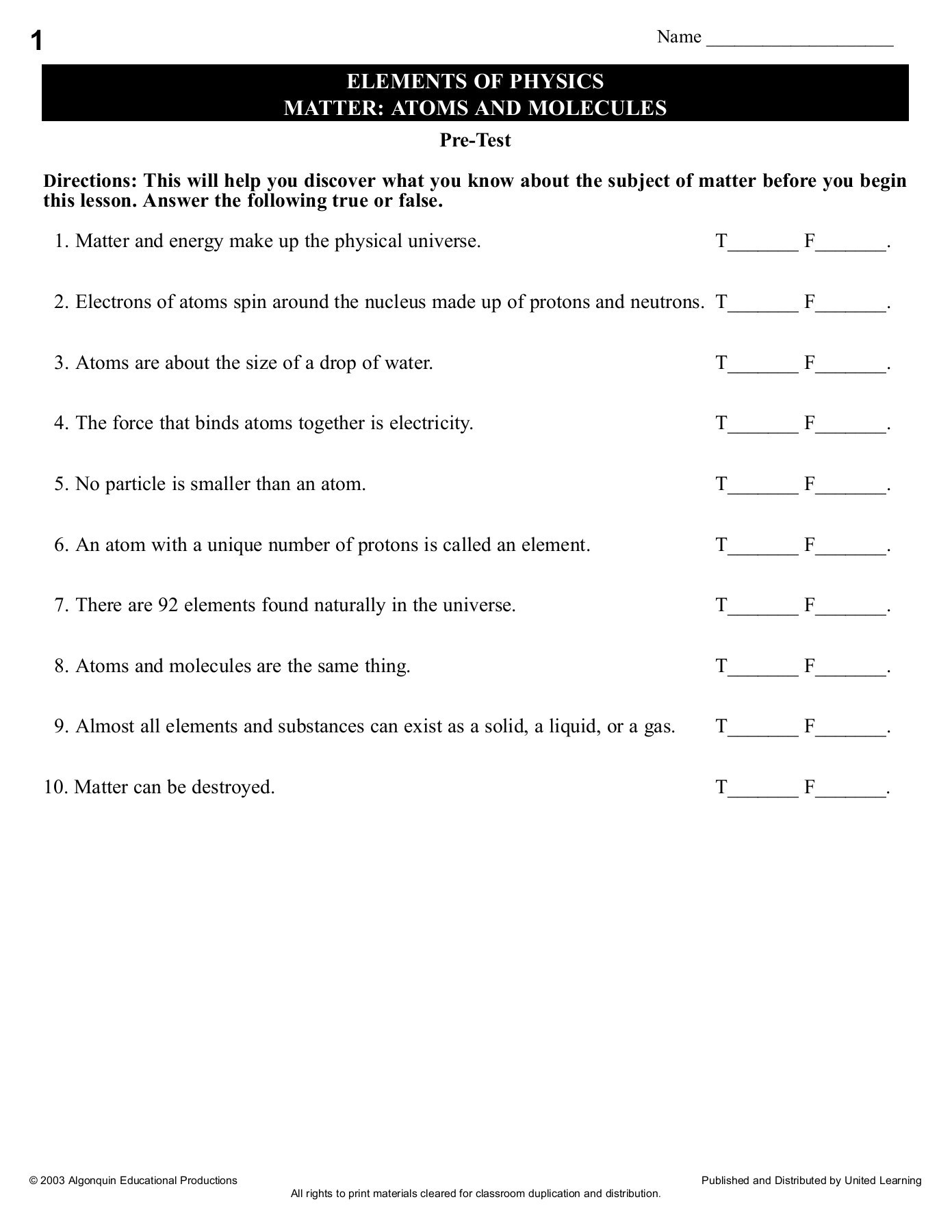 Atoms and Molecules Worksheet Elements Of Physics Matter atoms and Molecules Pages 1 9