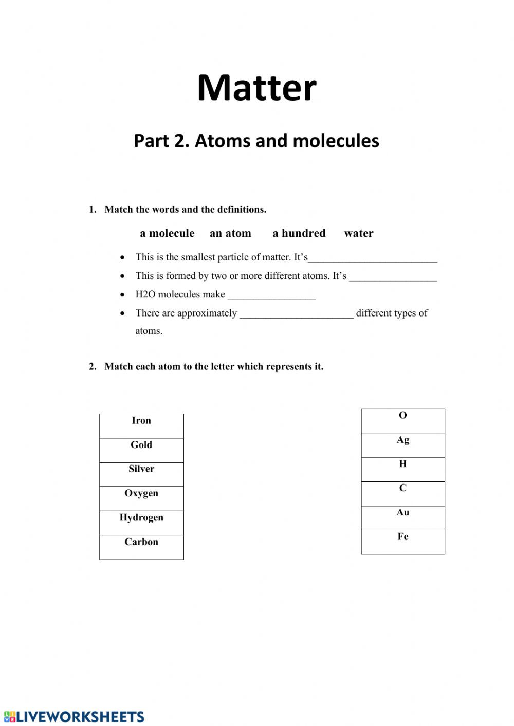 Atoms and Molecules Worksheet Matter Part2 atoms and Molecules Interactive Worksheet