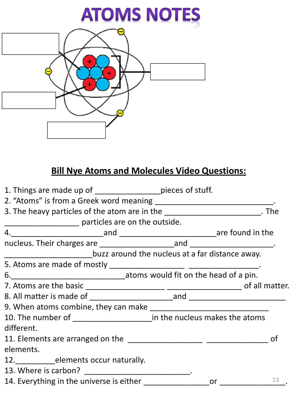 Atoms Worksheet Middle School atoms &amp; Molecules Name Period