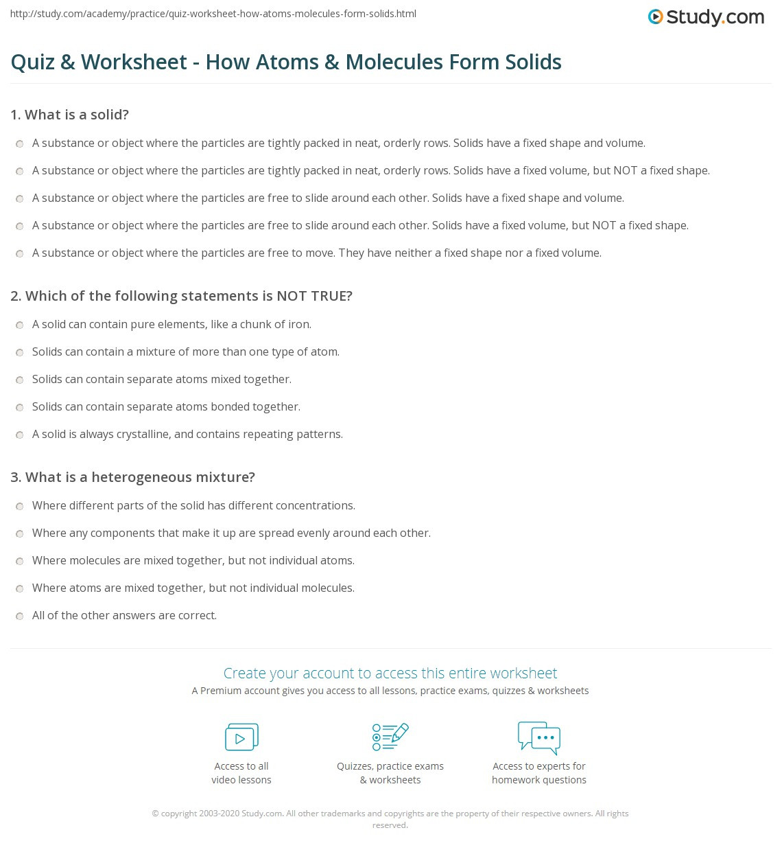 Atoms Worksheet Middle School Quiz &amp; Worksheet How atoms &amp; Molecules form solids