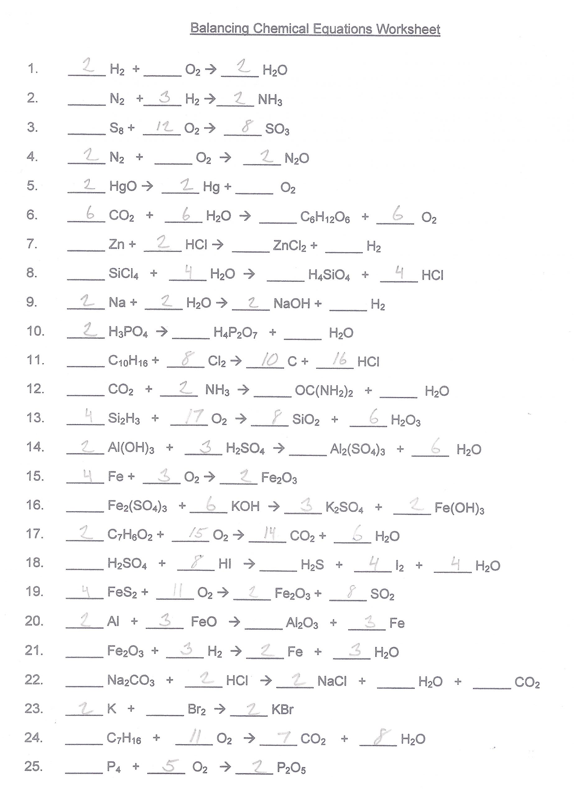 Balancing Equation Worksheet with Answers Balancing Chemical Equations Worksheet Answer Key