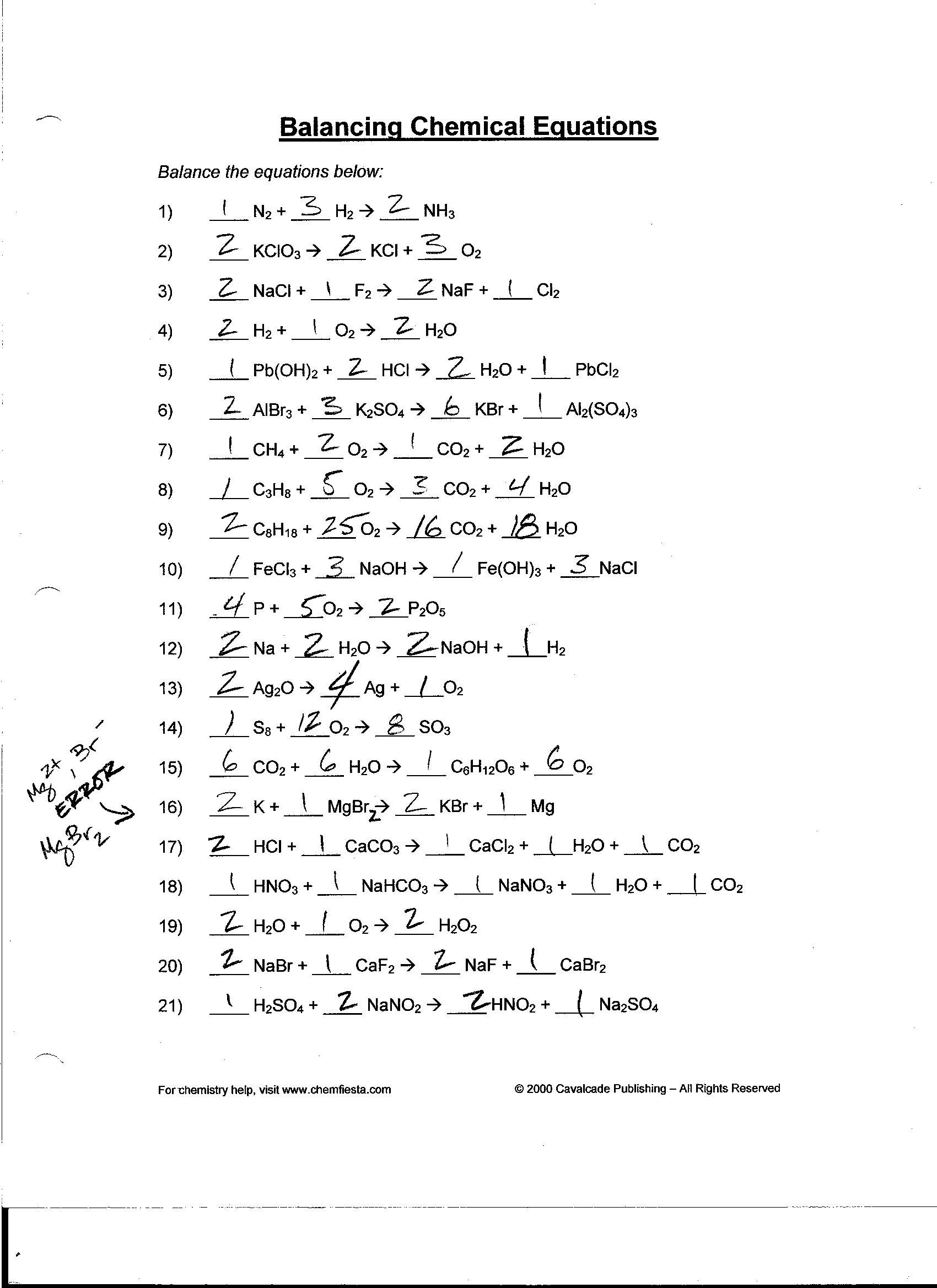 Balancing Equation Worksheet with Answers Balancing Chemical Equations Worksheet with Answers H2 O2